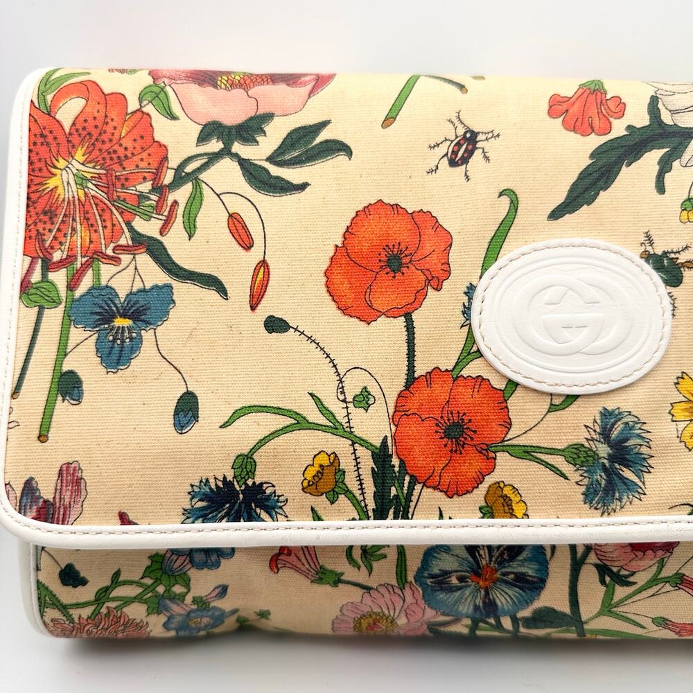 Gucci Vintage 80s Flora Flap Clutch Bag Ecru Canvas White Leather Trim READ - Picture 2 of 16